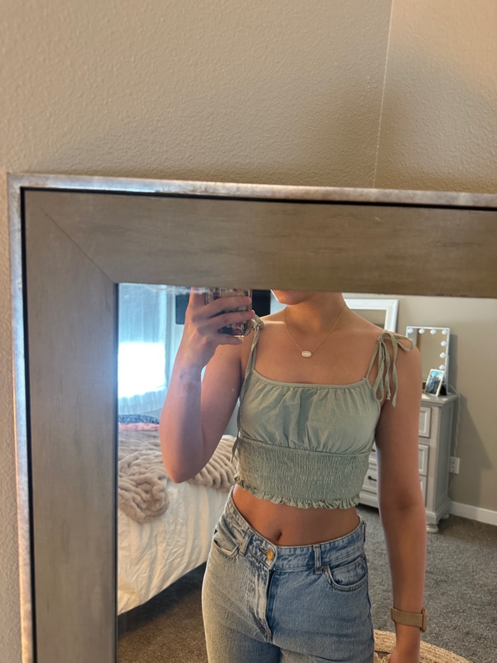 Tie-Shoulder Smocked Crop Top in Sage Green